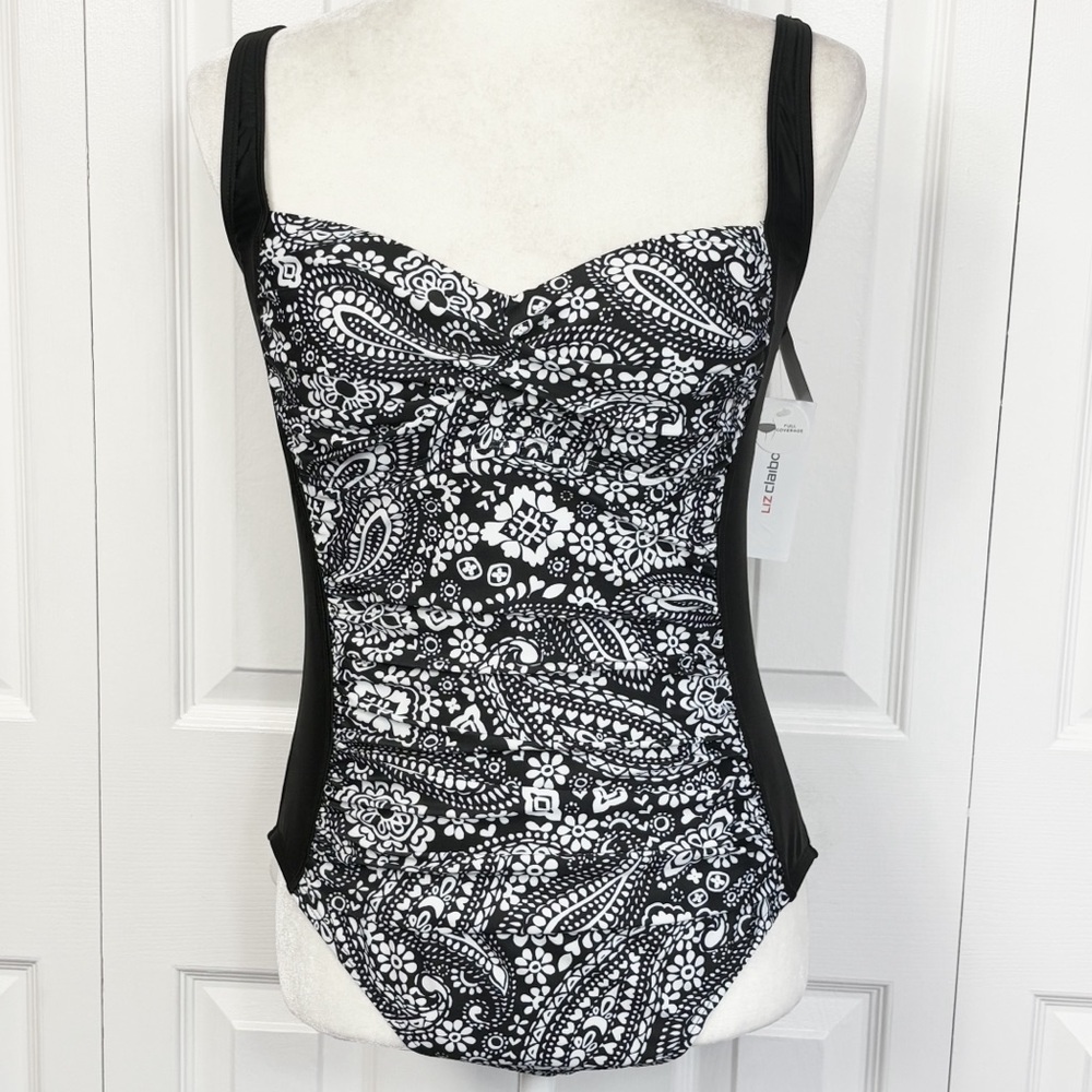 NWT Liz Claiborne Black & White Paisley Ruched One-Piece Swimsuit 8
